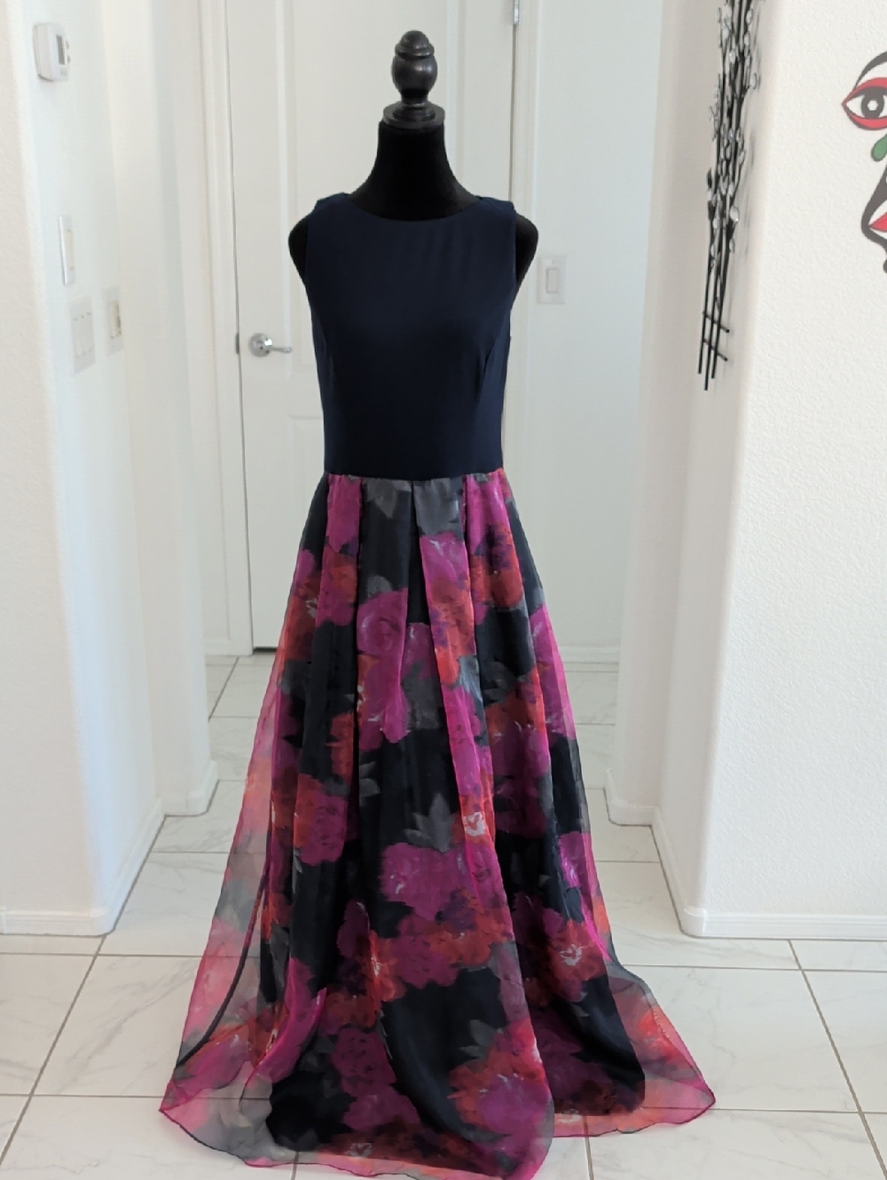 Eliza J Epanoui Gown Navy Blue Bodice Floral Organza Bottom Pockets 6 8 10 M - Picture 11 of 16